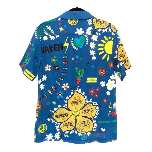 Adidas Pharrell Williams Doodle Shirt Mens M Button Up Floral Blue Camp RARE - Picture 3 of 8
